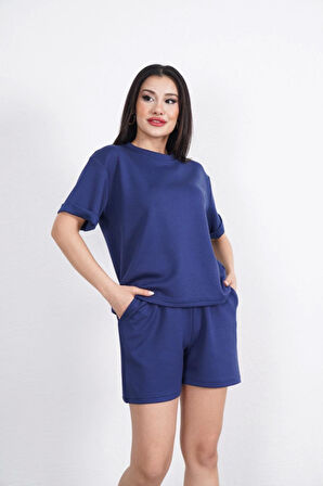 Osy Modal Yumuşak Dokulu Kumaş Bisiklet Yaka T-shirt Kısa Şort İkili Takım - Mavi