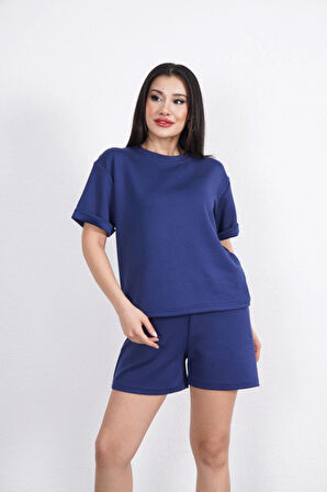 Osy Modal Yumuşak Dokulu Kumaş Bisiklet Yaka T-shirt Kısa Şort İkili Takım - Mavi
