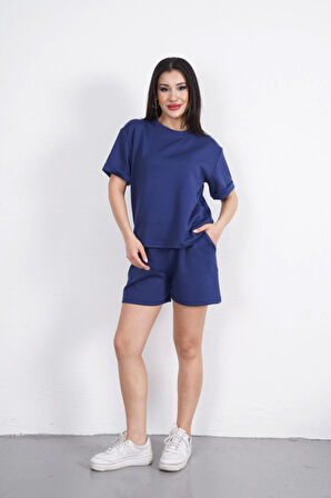 Osy Modal Yumuşak Dokulu Kumaş Bisiklet Yaka T-shirt Kısa Şort İkili Takım - Mavi