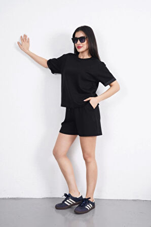 Osy Modal Yumuşak Dokulu Kumaş Bisiklet Yaka T-shirt Kısa Şort İkili Takım - Siyah