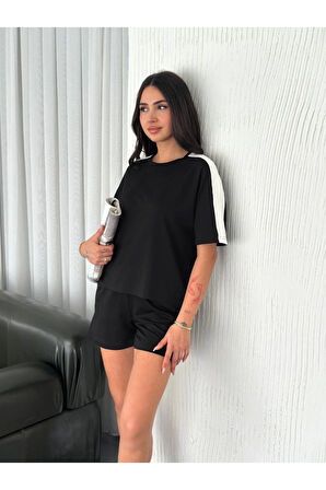 Osy Modal Yumuşak Dokulu Kumaş Parçalı Bisiklet Yaka T-shirt Kısa Şort İkili Takım - Siyah