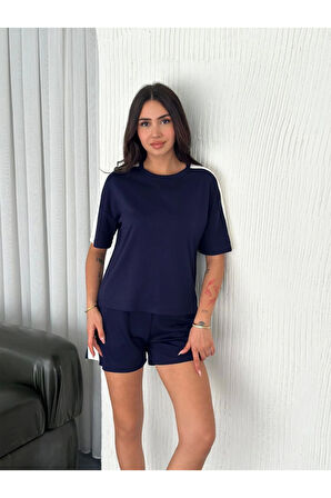 Osy Modal Yumuşak Dokulu Kumaş Parçalı Bisiklet Yaka T-shirt Kısa Şort İkili Takım - Mavi