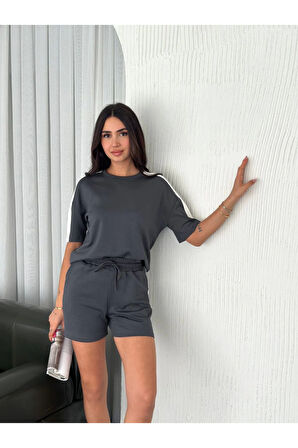 Osy Modal Yumuşak Dokulu Kumaş Parçalı Bisiklet Yaka T-shirt Kısa Şort İkili Takım - Antrasit