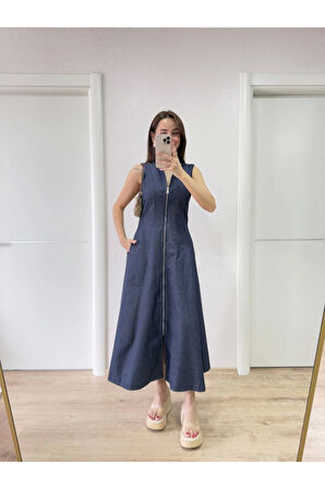 Jeans Kot Önü Tam Fermuarlı Uzun Elbise - Mavi