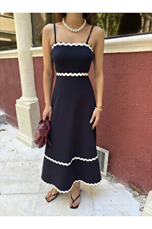 Askılı Uzun Şerit Detaylı Şık Ve Rahat Elbise - Lacivert