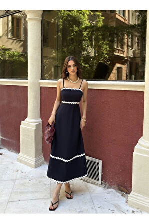 Askılı Uzun Şerit Detaylı Şık Ve Rahat Elbise - Lacivert