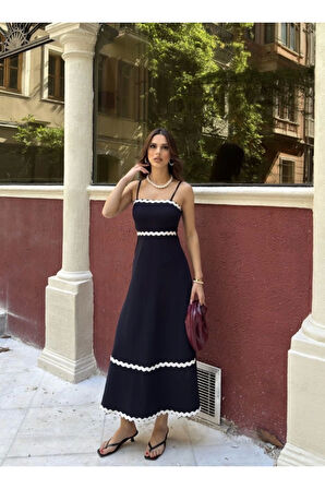 Askılı Uzun Şerit Detaylı Şık Ve Rahat Elbise - Lacivert