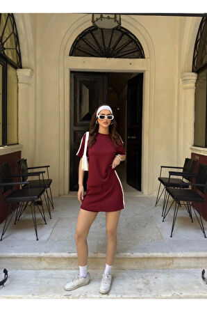 Osy Modal Yumuşak Dokulu Kumaş Parçalı Bisiklet Yaka T-shirt Mini Şortlu Etek İkili Takım -Bordo
