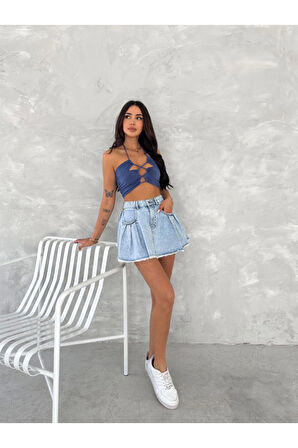 Kot Jeans Kesimetrik Kesim Cepli Şortlu Etek - Mavi