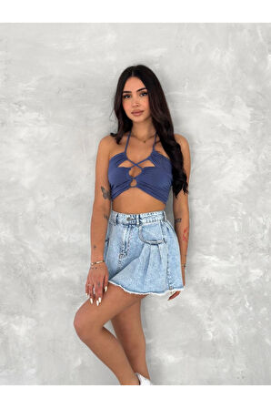 Kot Jeans Kesimetrik Kesim Cepli Şortlu Etek - Mavi