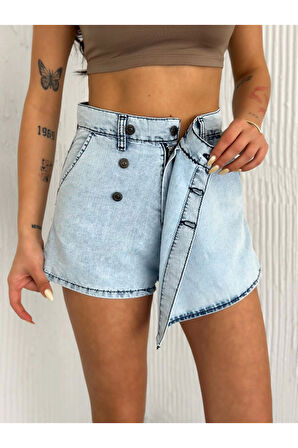 Kot Jeans Kesimetrik Kesim Cepli Şortlu Etek - Gri