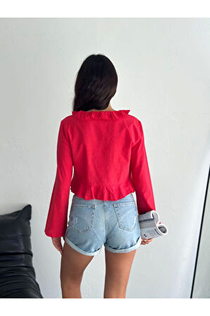 Keten Uzun Kol Bağacık Detaylı Bluz - Kırmızı