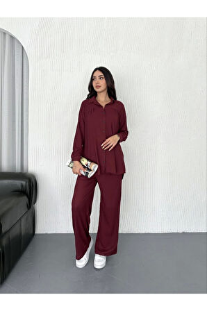 Yakalı Düğmeli Uzun Kollu Gömlek Pantolon Ikili Takım - Bordo