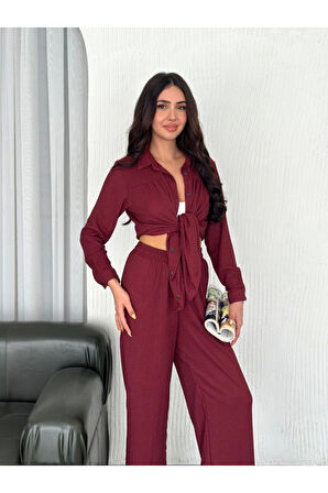 Yakalı Düğmeli Uzun Kollu Gömlek Pantolon Ikili Takım - Bordo