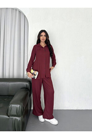 Yakalı Düğmeli Uzun Kollu Gömlek Pantolon Ikili Takım - Bordo