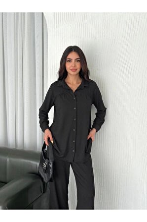 Yakalı Düğmeli Uzun Kollu Gömlek Pantolon Ikili Takım - Siyah