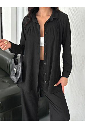 Yakalı Düğmeli Uzun Kollu Gömlek Pantolon Ikili Takım - Siyah