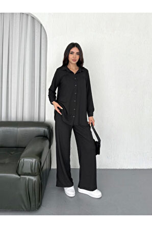 Yakalı Düğmeli Uzun Kollu Gömlek Pantolon Ikili Takım - Siyah