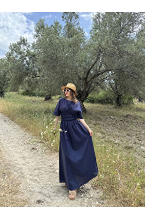 Keten Kısa Kollu Uzun  Elbise - Lacivert