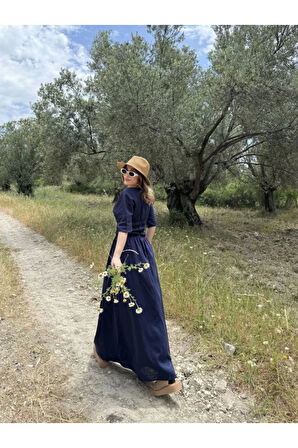 Keten Kısa Kollu Uzun  Elbise - Lacivert