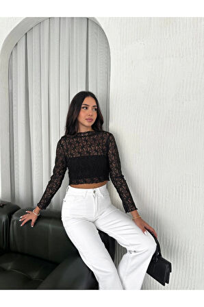Dantel Uzun Kol Bluz- Siyah