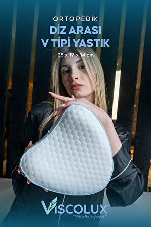 Diz Arası Ortopedik Yastık - V Model Diz Arası Yastık Visco Yastık Mavi 25x25x15
