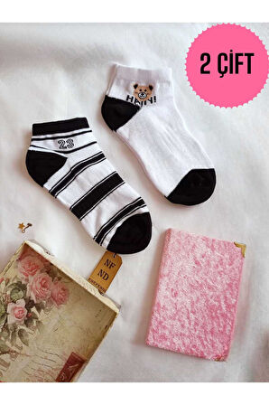 2 ÇİFT PATİK ÇORAP DİKİŞSİZ BURUN PAMUKLU KISA KONÇ DESENLİ KADIN ÇORABI 36-40 SİYAH BEYAZ