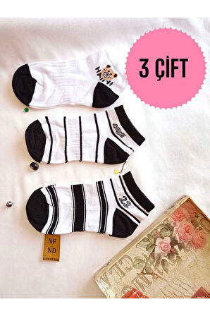 3 ÇİFT PATİK ÇORAP DİKİŞSİZ KADIN PAMUKLU KISA KONÇ DESENLİ ÇORABI 36-40 SİYAH BEYAZ