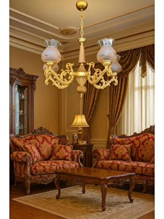 DOĞAL AHŞAPLI YARI MAT GOLD BOYALI DESENLİ BAL CAMLI AVİZE