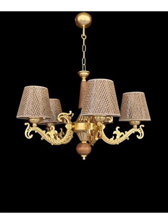 DOĞAL AHŞAPLI YARI MAT GOLD BOYALI RATTAN KOL ŞAPKALI BEŞ KOLLU AVİZE