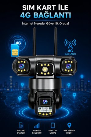 3 Kameralı 4G Sim Kartlı Adaptörlü Gece Görüşlü Hareket Takipli Güvenlik Kamerası