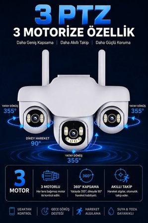 WİFİ 3 Motorize Kameralı Adaptörlü Gece Görüşlü Hareket Takipli Güvenlik Kamerası