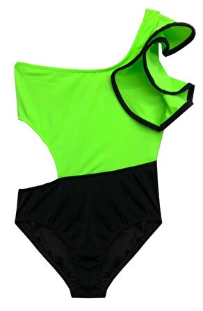 NEON YEŞİL KOLU VOLAN DETAYLI KIZ ÇOCUK MAYO DB200566CM