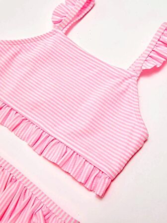 Çizgili fırfırlı kız çocuk bikini takım