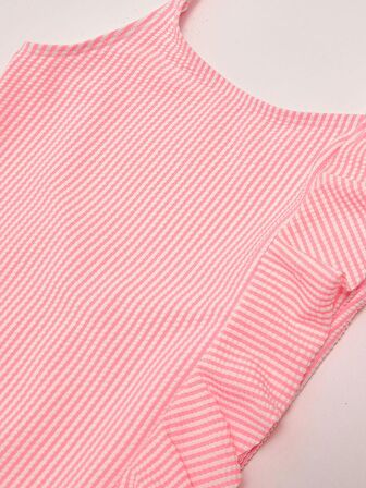 Coral beyaz çizgili fırfırlı kız çocuk mayo DB200791CM