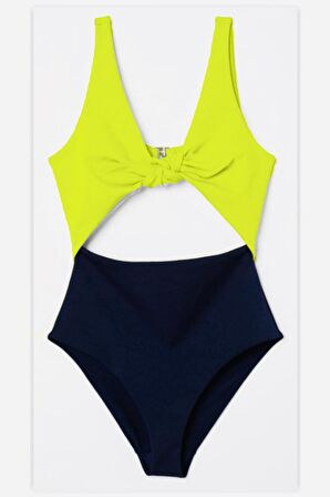 DB20097M SİYAH-NEON SARI ÖNÜ AÇIK FİYONKLU KAPLI MAYO