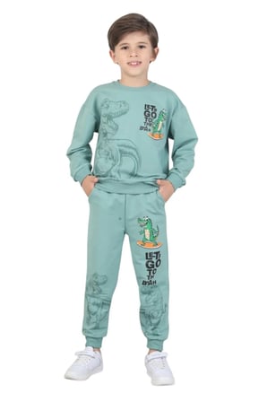 Erkek çocuk dinozor baskılı pijama takımı iki iplik eşofman takımı okul ikili takım — Mint Yeşili