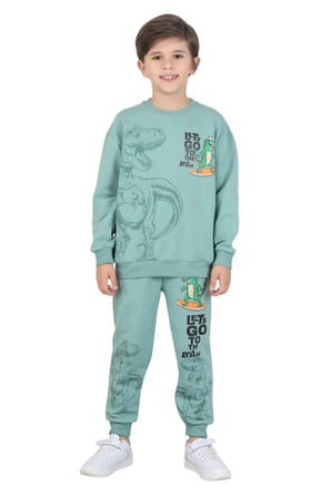 Erkek çocuk dinozor baskılı pijama takımı iki iplik eşofman takımı okul ikili takım — Mint Yeşili