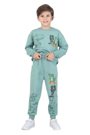 Erkek çocuk dinozor baskılı pijama takımı iki iplik eşofman takımı okul ikili takım — Mint Yeşili