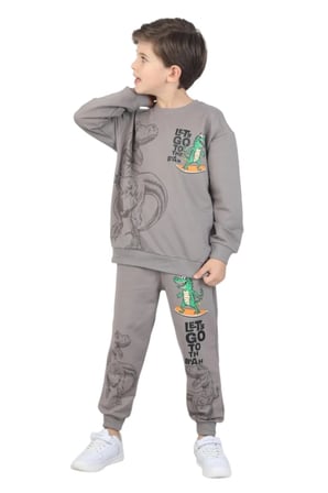 Erkek çocuk dinozor baskılı pijama takımı iki iplik eşofman takımı okul ikili takım — Taş