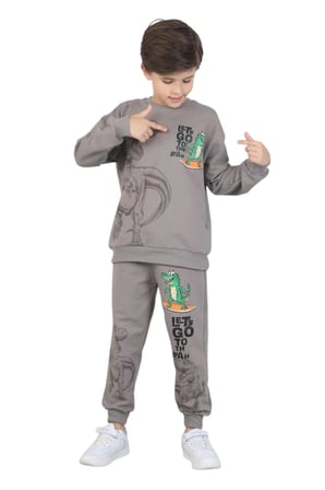 Erkek çocuk dinozor baskılı pijama takımı iki iplik eşofman takımı okul ikili takım — Taş