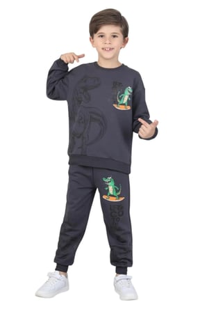 Erkek çocuk dinozor baskılı pijama takımı iki iplik eşofman takımı okul ikili takım — Füme