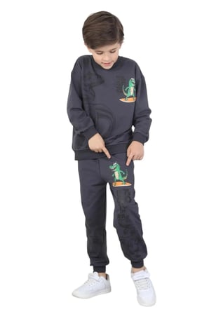 Erkek çocuk dinozor baskılı pijama takımı iki iplik eşofman takımı okul ikili takım — Füme