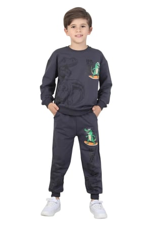 Erkek çocuk dinozor baskılı pijama takımı iki iplik eşofman takımı okul ikili takım — Füme
