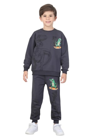 Erkek çocuk dinozor baskılı pijama takımı iki iplik eşofman takımı okul ikili takım — Füme
