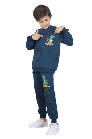 Erkek çocuk dinozor baskılı pijama takımı iki iplik eşofman takımı okul ikili takım — Parlament mavi