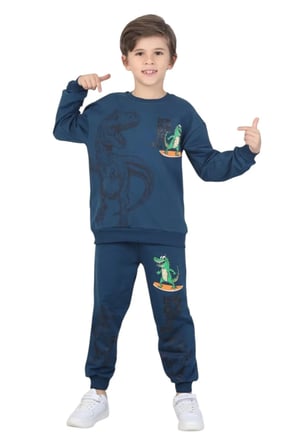 Erkek çocuk dinozor baskılı pijama takımı iki iplik eşofman takımı okul ikili takım — Parlament mavi