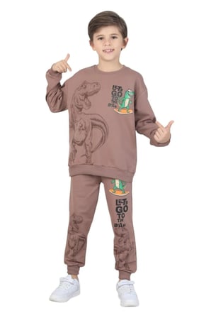 Erkek çocuk dinozor baskılı pijama takımı iki iplik eşofman takımı okul ikili takım — Tarçın