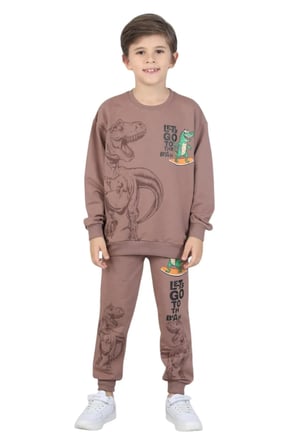 Erkek çocuk dinozor baskılı pijama takımı iki iplik eşofman takımı okul ikili takım — Tarçın