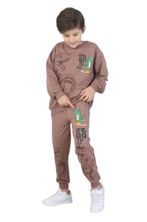 Erkek çocuk dinozor baskılı pijama takımı iki iplik eşofman takımı okul ikili takım — Tarçın